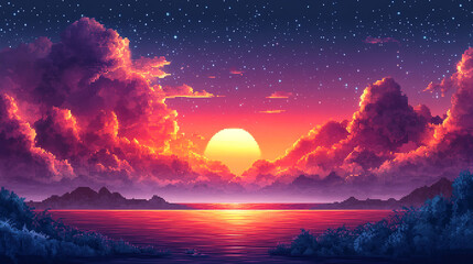 Colorful Sunset Over Water, Lush Landscape, Starry Night