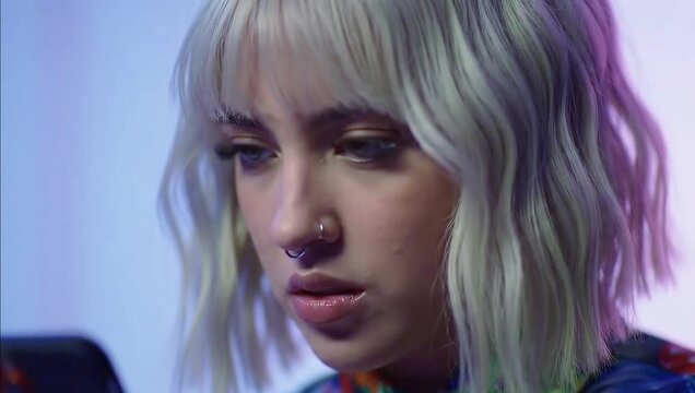 A close-up, a young woman with platinum blonde, wavy hair with bangs, and a septum piercing, Gen Z - stylish  young woman blonde