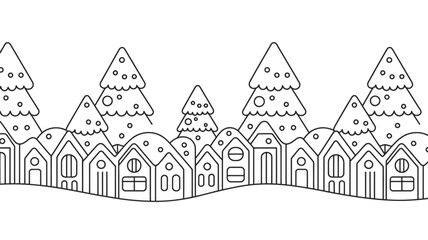 Fototapeta premium A black and white line drawing of houses and christmas trees in a winter scene illustration art