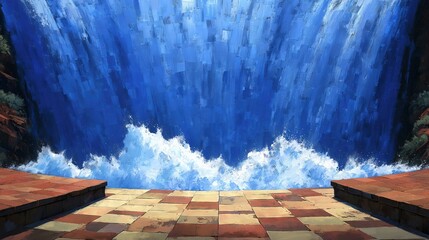 Observing powerful blue waterfall splashing onto a tiled platform