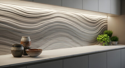 Modern kitchen backsplash with wavy tile design and under cabinet lighting