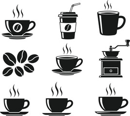 Black and White Coffee Icons Set Featuring Cups, Beans, Grinder, Steam, Takeaway Mug, and Minimalist Design for Café Branding