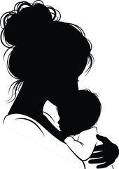 Black Silhouette Vector of Parent Holding Baby with Emotional Bonding, Care, Protection, Family Love, and Minimalist Design Elements