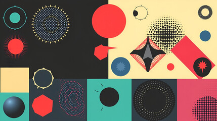 Set of 100 geometric shapes. Memphis design, retro elements for web, vintage, advertisement, commercial banner, poster, leaflet, billboard, sale. Collection trendy halftone vector geometric shapes.