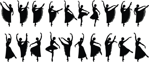 Black Silhouette Vector Set of Ballet Dancers in Graceful Poses Highlighting Classical Movement, Posture, Elegance, and Dance Technique