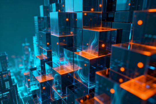Abstract digital cityscape with glowing transparent cubes and neon lighting effects - Powered by Adobe