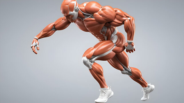 Strappo muscolare, muscoli della coscia sopra il ginocchio. Dolore alla gamba ed ai legamenti. Corpo umano, 3d rendering