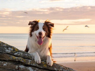 Happy border collie dog panting on beach at sunset
