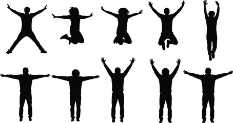 Black Silhouette Vector Set of Jumping and Celebrating People in Dynamic Poses Expressing Joy, Triumph, Energy, and Emotional Movement