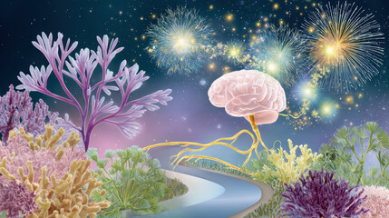 Surreal illustration of a brain surrounded by colorful corals, vibrant fireworks, and a cosmic background representing creativity and consciousness