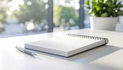 Spiral-bound notebook and pen on a white desk with a potted plant in the background near a sunny window.