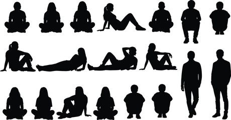Black Silhouette Vector Set of Seated and Standing Human Figures in Relaxed, Cross-Legged, Upright, and Reclining Poses for Design Use © Kseniia Dizdar