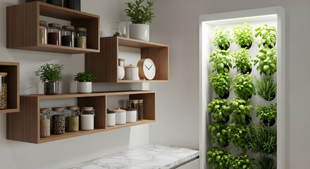 Modern kitchen with wooden shelves, spices, and vertical herb garden