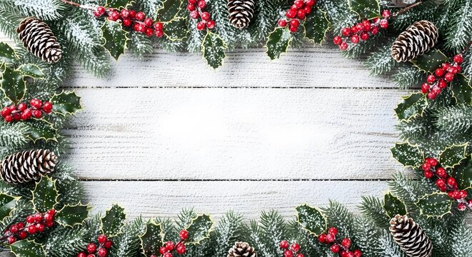 Festive christmas garland with red berries and pine cones, dusted with snow, framing a white wooden background with copy space