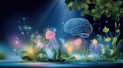 Digital illustration of a vibrant underwater landscape featuring luminous jellyfish, colorful plants, and a translucent brain in a serene environment
