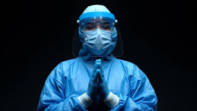 Tired and exhausted female doctor or nurse in full ppe praying for patients. Healthcare worker hoping for a miracle on a dark background