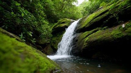Naklejka premium Lush Jungle Waterfall Cascading Over Mossy Rocks in Serene Environment