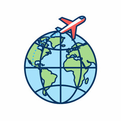 Naklejka premium Clean, flat air travel icon. Vector airplane on a dashed route over the world map globe. Ideal for global logistics or vacation projects. Scalable, high-resolution graphic.