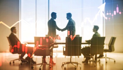 Business meeting overlaid with stock market data