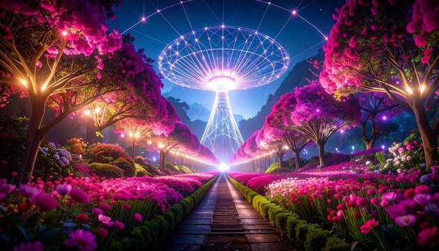 Vibrant nighttime scene of a pathway lined with pink flowers and trees leading to a large illuminated Ferris wheel with colorful lights in a lively and festive atmosphere. - Powered by Adobe
