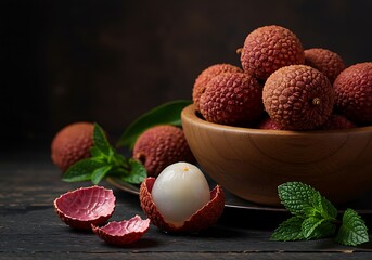 Moody Still Life of Fresh Lychees in Wooden Bowl with Dark Dramatic Lighting