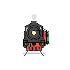 Front view minimalist train icon on a track. Flat design with thick outline. Perfect for mass transit, rail travel, and logistics apps. High-res, scalable vector art.