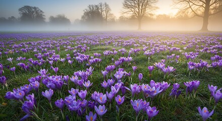 Spring crocus field sunrise
