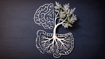 Abstract illustration of a brain and digestive system intertwined with a tree, symbolizing the connection between mental and gut health