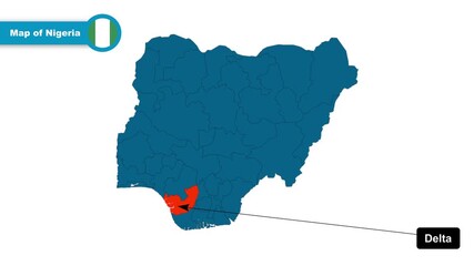 Delta Map Video, Nigeria map, Political Map of Nigeria, with all states, national flag and borders, travel, education, geography, and global studies.