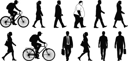 Silhouette vector of diverse walking and cycling individuals with bags, showcasing urban lifestyle, motion, attire, and character design variety