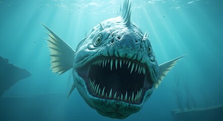 A monstrous, toothy piranha with sharp teeth and an open mouth swims aggressively towards the camera in the deep blue ocean, with sun rays filtering from above