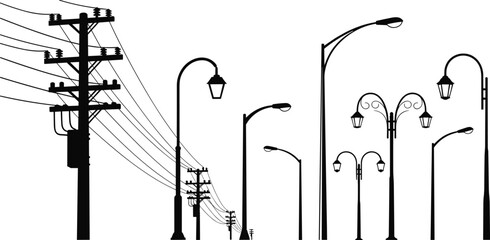 Silhouette vector of streetlights and utility poles showcasing urban infrastructure, electrical distribution, lighting design, and public utility architecture diversity