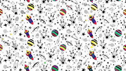 Whimsical hand drawn space pattern with astronauts planets rockets and stars