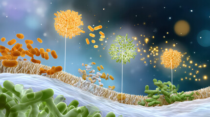 Colorful abstract representation of microorganisms resembling trees in a cellular environment with shimmering particles in the background