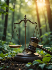 A scale and gavel in a lush forest represent environmental law and justice with nature's serene and beautiful backdrop.