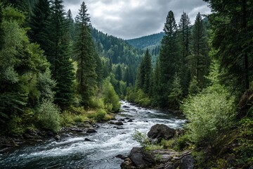 Mountain river flowing through dense forest
