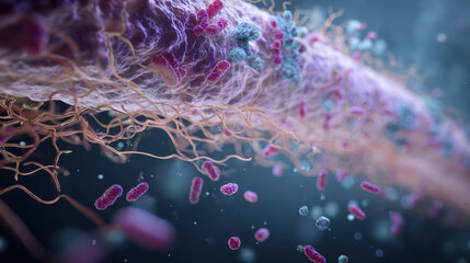Microscopic view of bacteria and microorganisms interacting in a biological environment with a focus on cellular structures