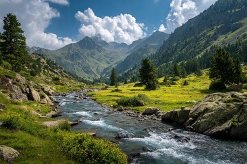 Fototapeta premium Mountain valley with flowing river and pine trees