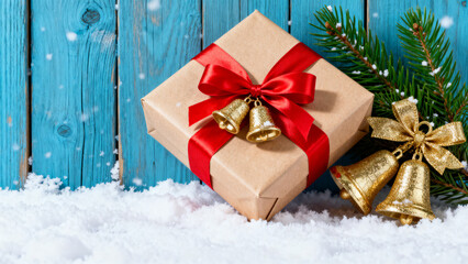 Enchanting Christmas Sleigh Background – Where Magic Meets Festive Journey: A whimsical scene featuring a vintage wooden sleigh adorned with red ribbons, green garlands, and twinkling fairy lights, pa