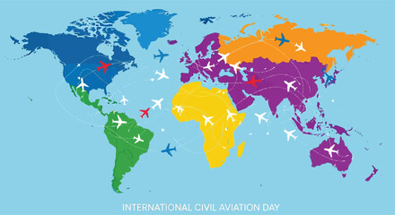 Naklejka premium Colorful flat vector design of world map with airplanes flying along dotted routes connecting continents, representing International Civil Aviation Day, clean and uplifting composition