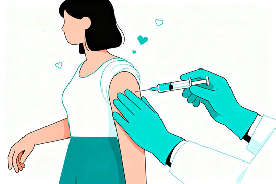 Illustration of a healthcare professional administering a vaccine injection to a woman's arm