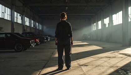 Woman in Overalls Stands in Abandoned Garage Dramatic Lighting Back View.