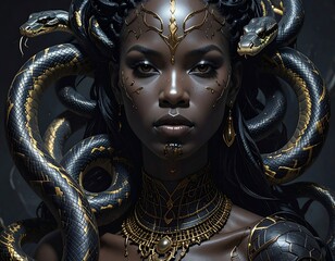 Dark-skinned woman, snakes, ornate jewelry