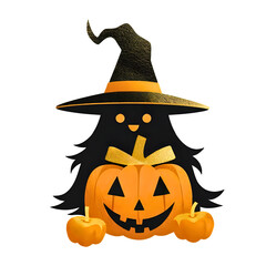 Spooky ghost in witch hat with pumpkin isolated on transparent background. Halloween clip art gold foil style 