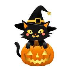 Black cat in witch hat with pumpkin isolated on transparent background. Halloween illustration, gold foil textured 