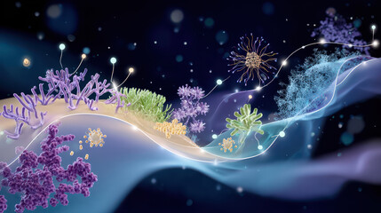 Abstract representation of molecular structures and cells in vibrant colors on a dark background, illustrating biological processes