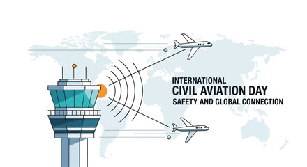 Minimal 2D flat vector showing an airport control tower guiding planes in the sky, symbol of safety and global connection for International Civil Aviation Day, modern infographic style
