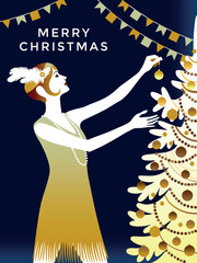 Woman in a bright evening dress next to a decorated New Year's tree. Bold retro new year party handmade drawing vector illustration. Perfect for event poster and retro designs.