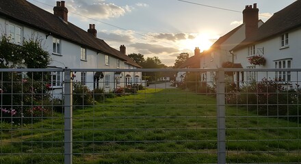 Obraz premium Row of houses with green lawn at sunset in a peaceful setting