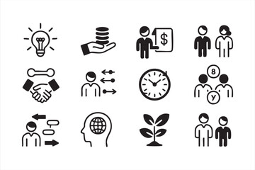 Teamwork and unity vector icons collection with handshake, group, and productivity elements